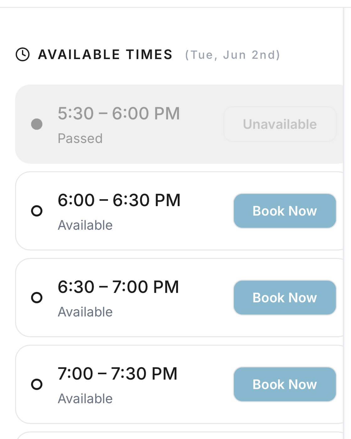 Session type, duration, and extra people selector