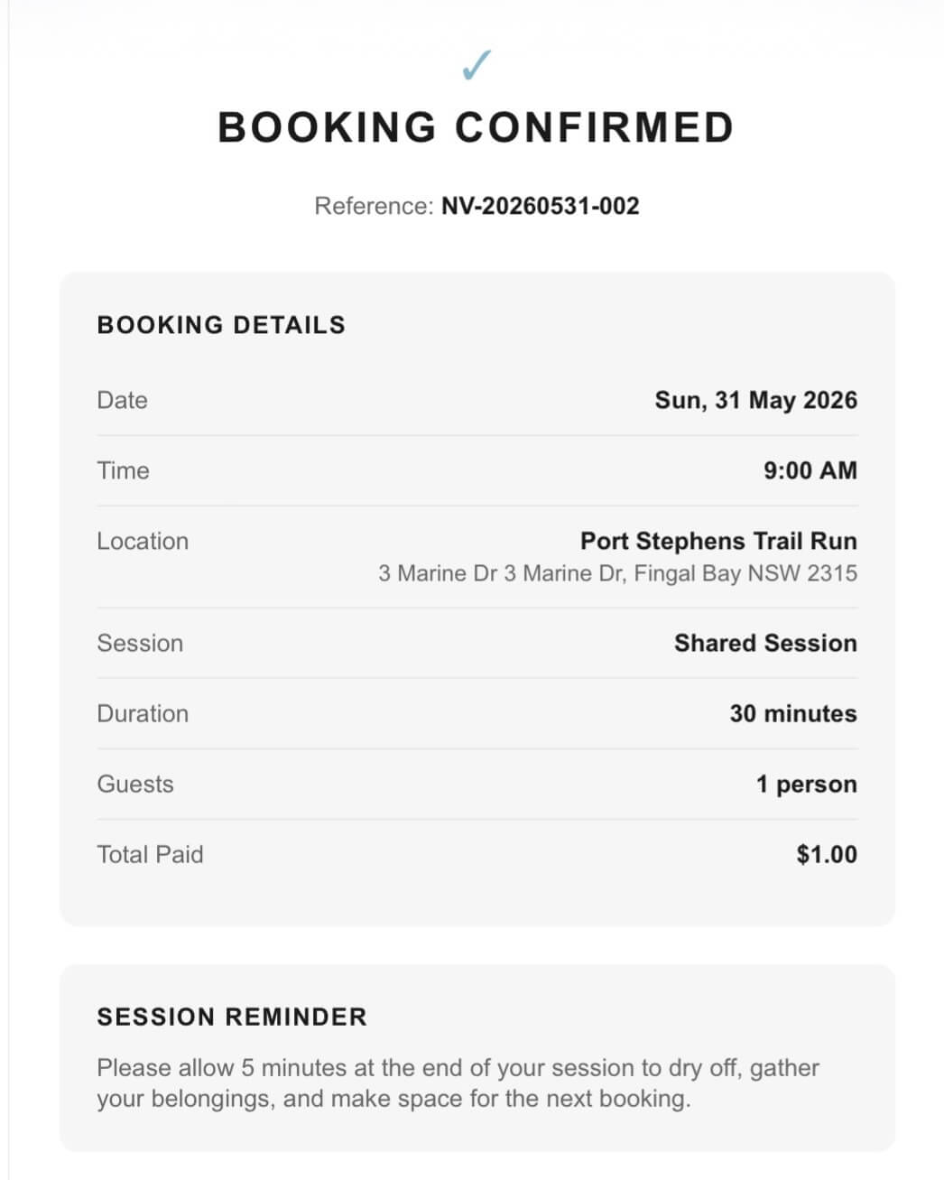 Booking confirmation with reference, date, time, and location